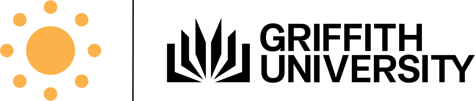 The 'Myheatrisk Profile' Logo, an orange sun, and the Griffith University logo, an open book, side by side